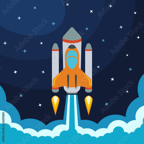Space rocket launch. Vector illustration with flying rocket. Space travel. Project development. Creative idea.
