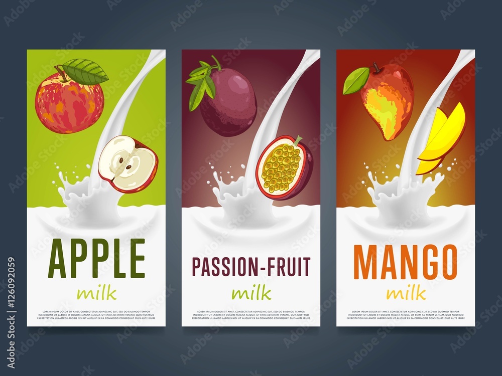 Plakat Milkshake concept with milk splash and fruit vector illustration. Milk dessert, yogurt, fruit mix, cocktail drink, fruit smoothie with apple, mango, passion fruit packaging design. Dairy product.