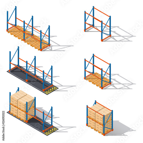 Storage racks for pallets, presented in various combinations elements of infographics