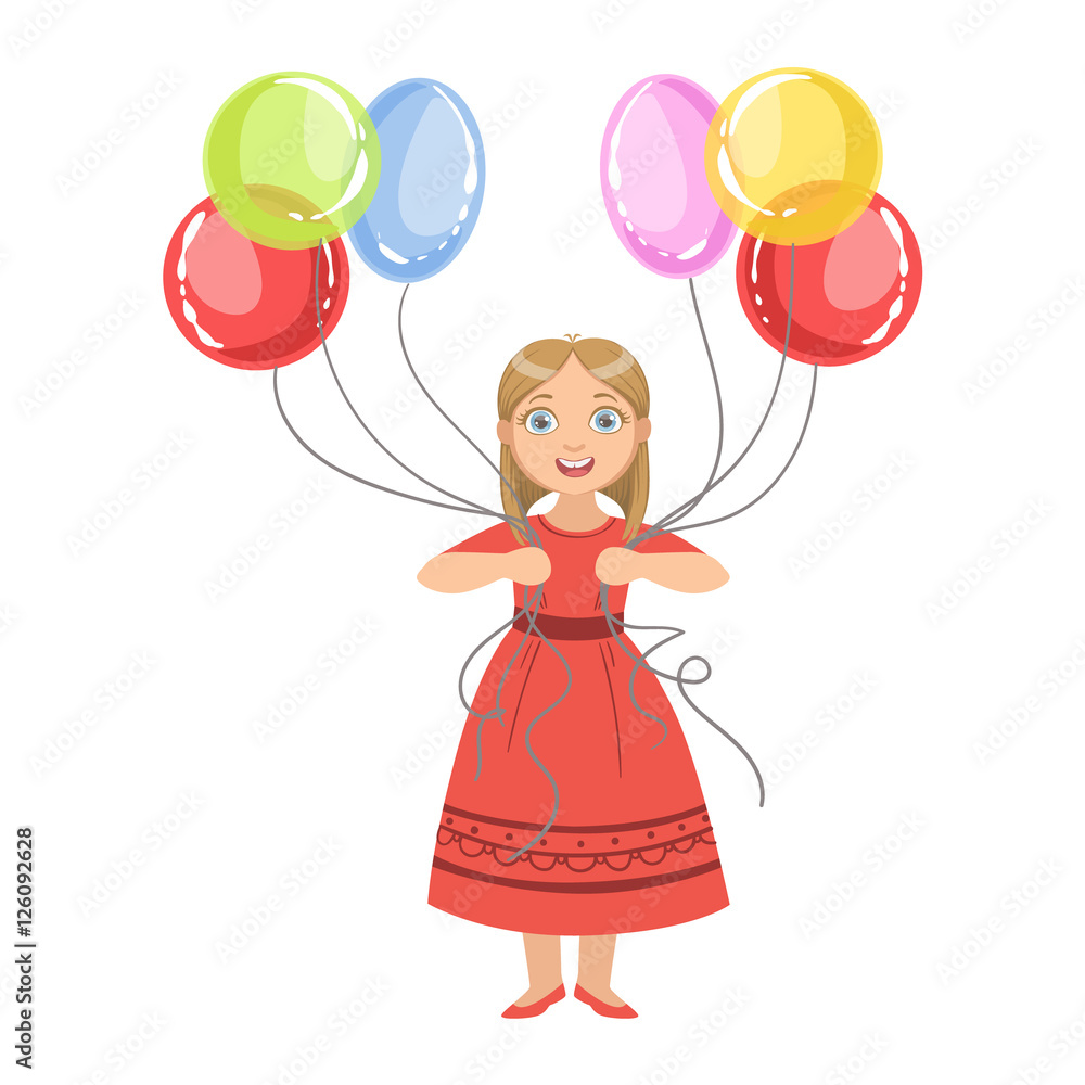 Girl In Red Dress Holding Six Colorful Balloons Girl In Red Dress Holding Six Colorful Balloons