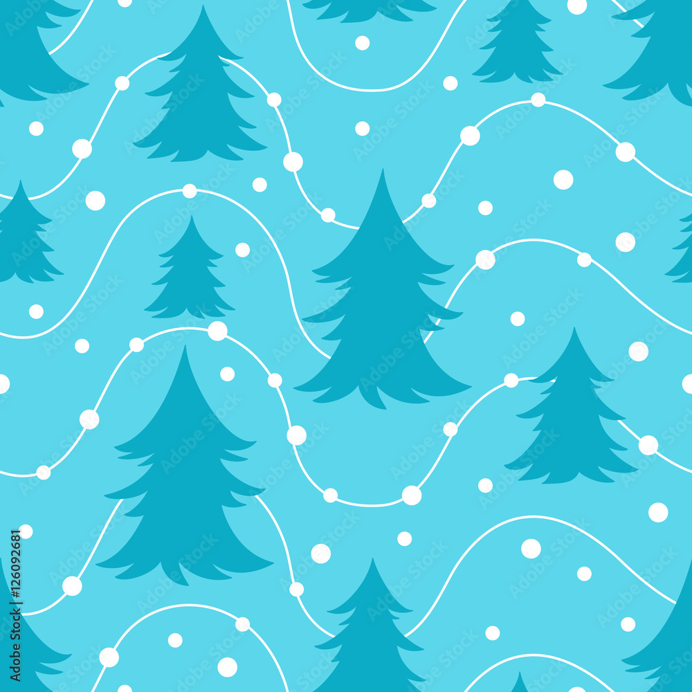 Winter abstract seamless blue and white background of Christmas tree and snow