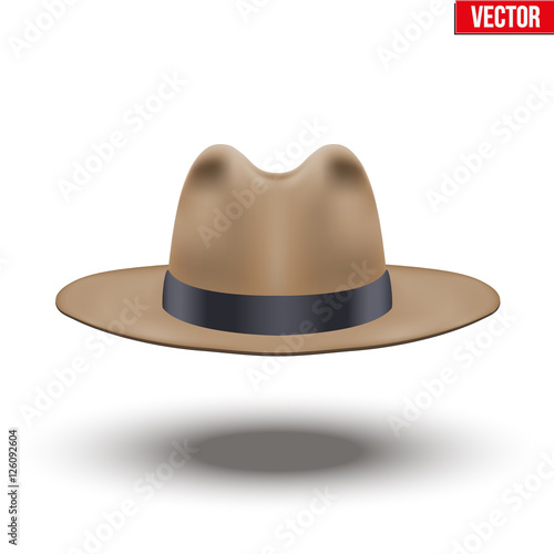 Classic Men Hat. Brown color with black ribbon. Accessory for beauty stylish man and gentlemens. Vector Illustration Isolated on white background.