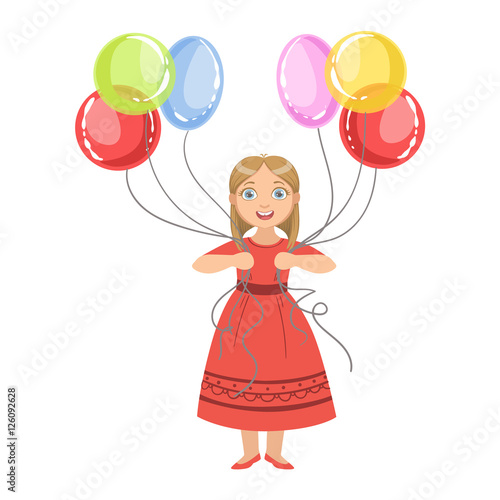 Girl In Red Dress Holding Six Colorful Balloons