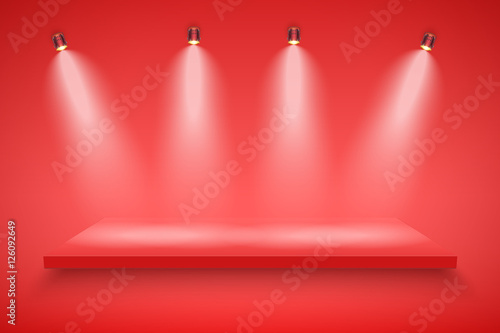 Light box with red platform on red backdrop with spotlights. Editable Background Vector illustration.