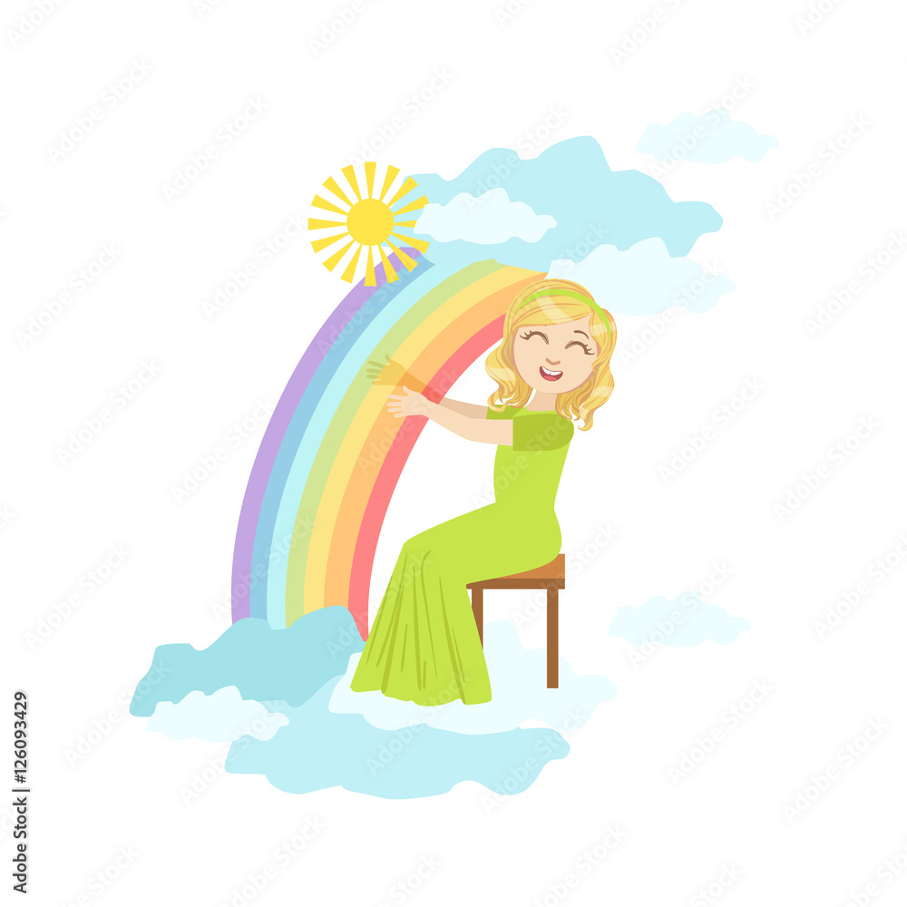 Girl Playing Harp With Rainbow And Clouds Decoration