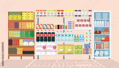 Store Shelves And Refrigerator Full Of Food And Goods. Vector Illustration