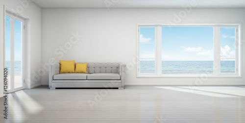 Sea view living room  Beach house with white vintage interior - 3D rendering