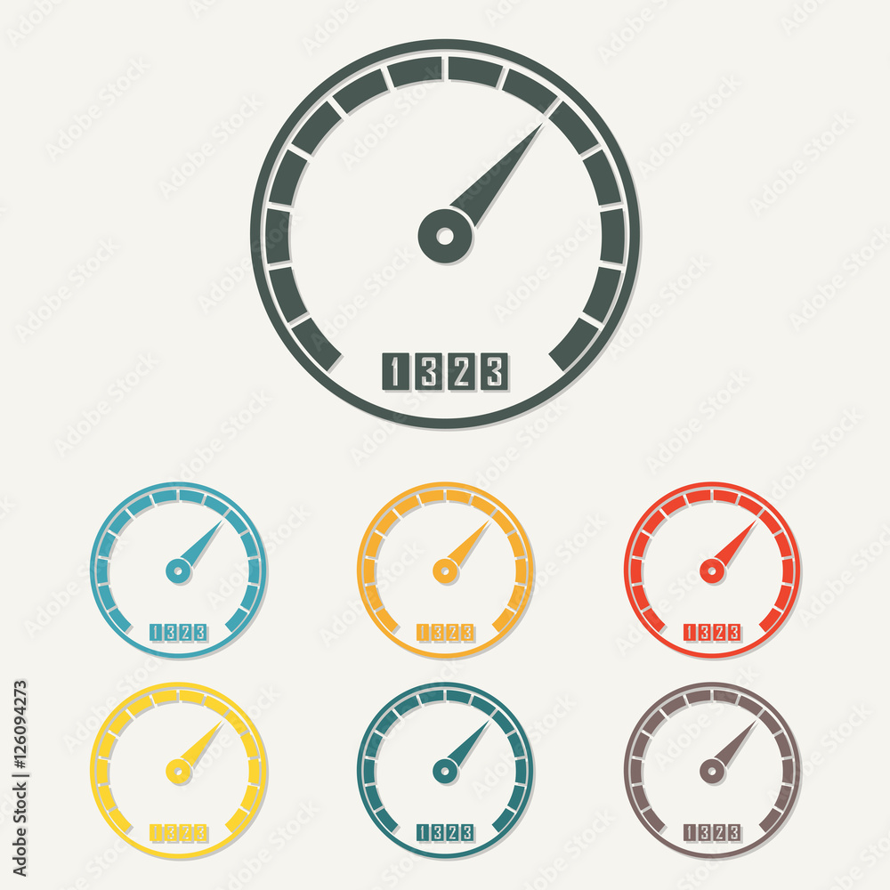 Speedometer icon with arrow. Infographic gauge element. Template for download design. Colorful vector illustration in flat style. Speedometer icon with arrow. Infographic gauge element. Template for download design. Colorful vector illustration in flat style.