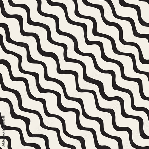 Vector Seamless Black and White Hand Drawn Wavy Diagonal Stripes Pattern