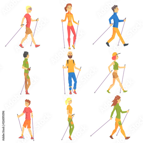 People Doing Nordic Walk Outdoors Set Of Illustrations