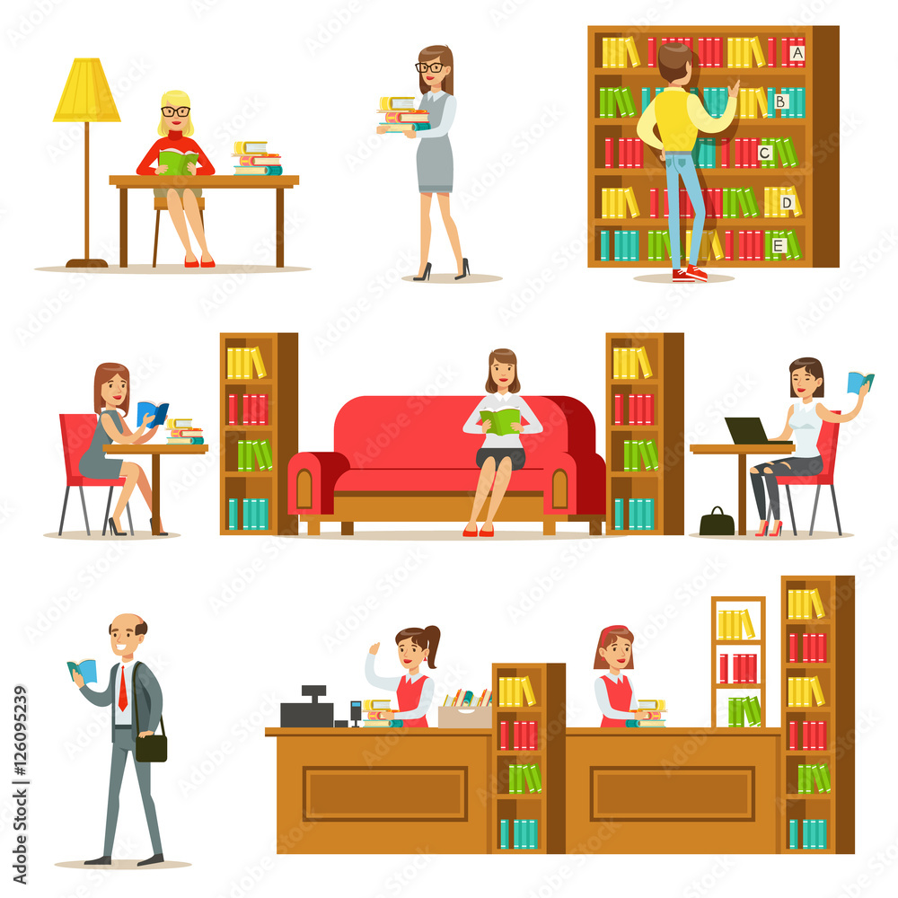 People Taking And Reading Books In Library Set Of Illustrations