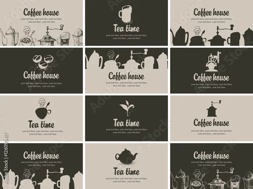 Tapety zestaw wizytówek do restauracji lub kawiarni na herbatę i kawę