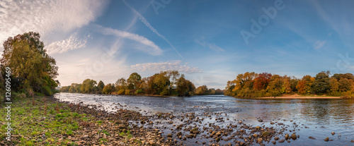 Meeting of the Waters Panorama, the River Tyne is formed when the Rivers North and South Tynes converge near Warden in Northumberland.  seen here in autumn
