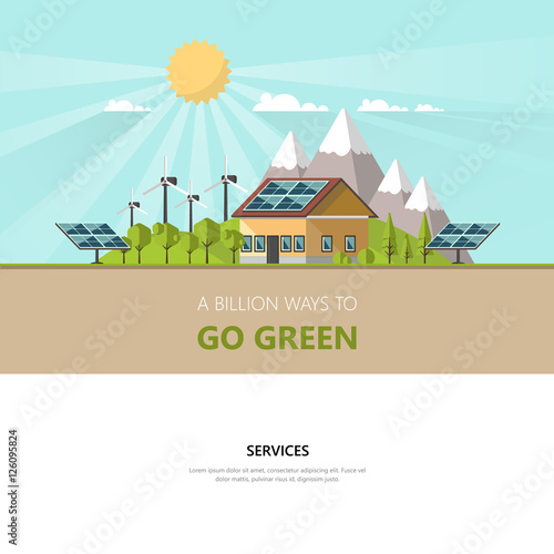 Green energy an eco friendly traditional and modern house. Solar, wind power. Vector concept illustration with electric car. Eco concept vector design