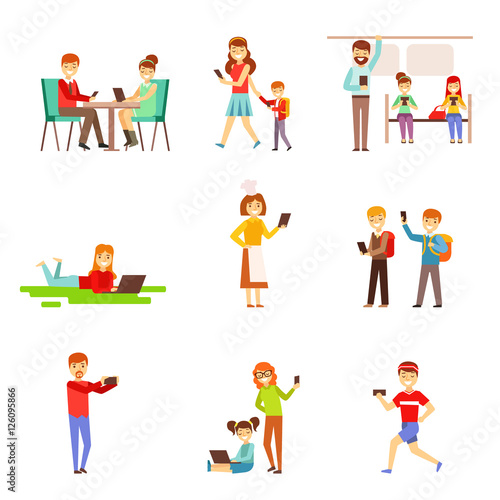 People Zombified And Dependent On Gadgets Set Of Illustrations © topvectors
