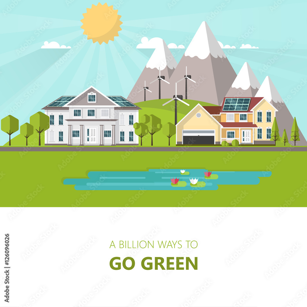 Green energy an eco friendly traditional and modern house. Solar, wind power. Vector concept illustration with electric car. Eco concept vector design

