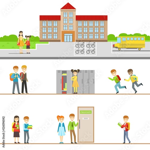 School Building Exterior And Kids In Its Corridors Illustrations