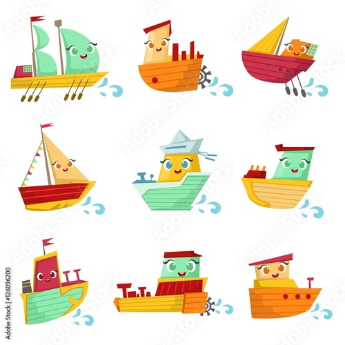 Toy Ships With Faces Colorful Illustration Set