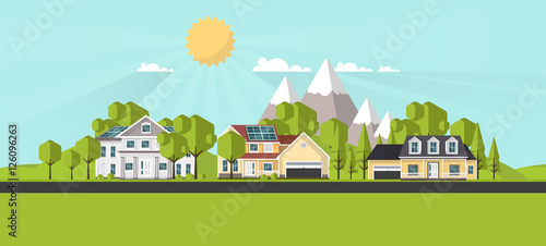 American suburban houses. Eco lifestyle background. Flat design vector concept illustration.