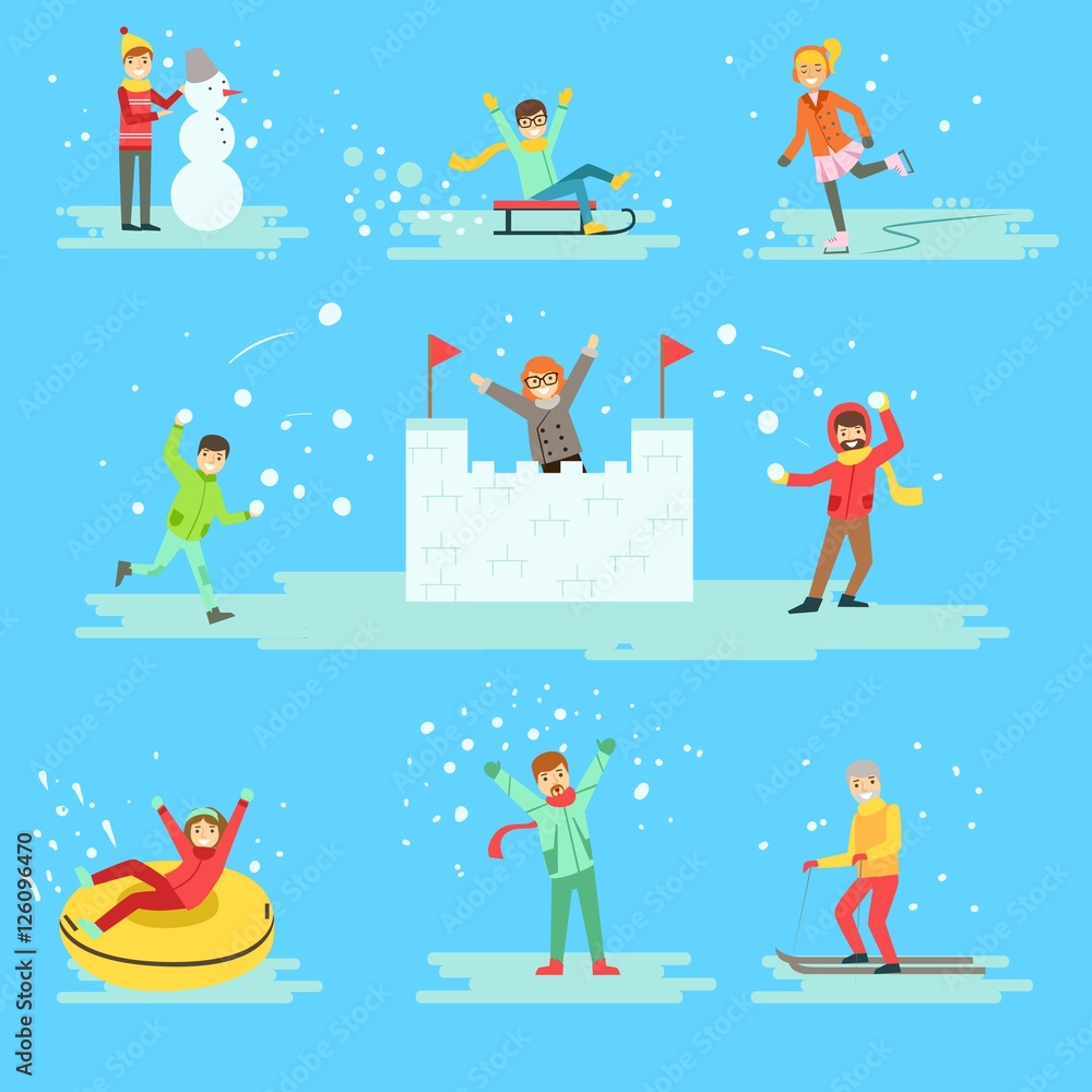 People Having Fun In Snow In Winter Set Of Illustrations People Having Fun In Snow In Winter Set Of Illustrations