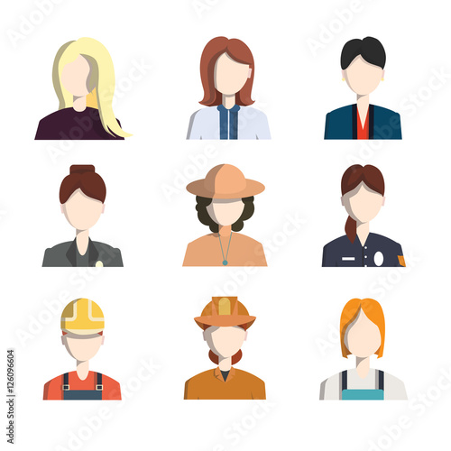 Isolated professions avatar icons on white background. Women Professionals.