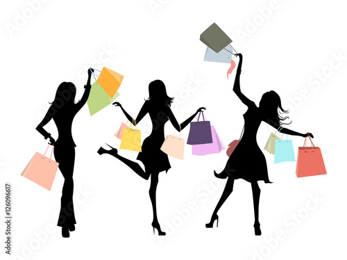 Shopping sillhouettes set. Black sillhouettes of women with colorful shopping bags on white background. Elegant, young and slim women.