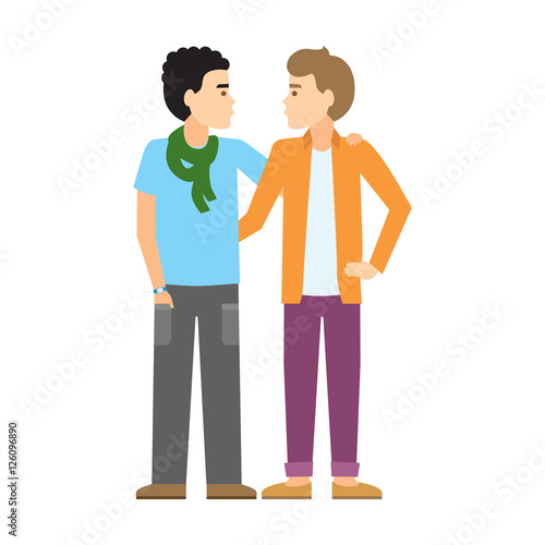 Isolated gay couple. Two handsome cartoon men standing on white background and hug. Happy homosexual relationship.