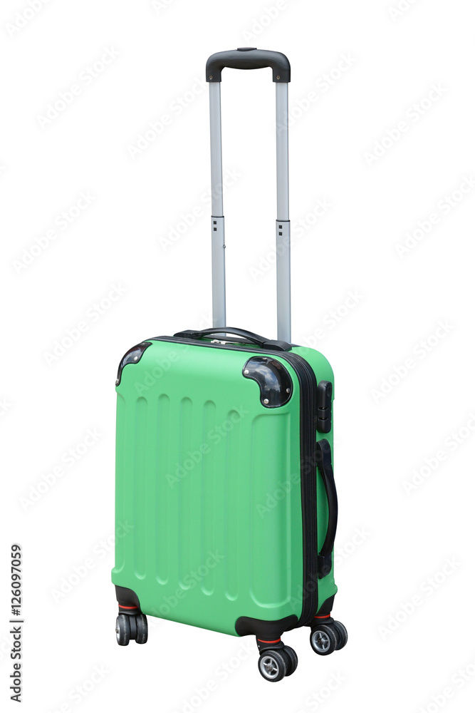 green suitcase on wheels for travel isolated on white background green suitcase on wheels for travel isolated on white background