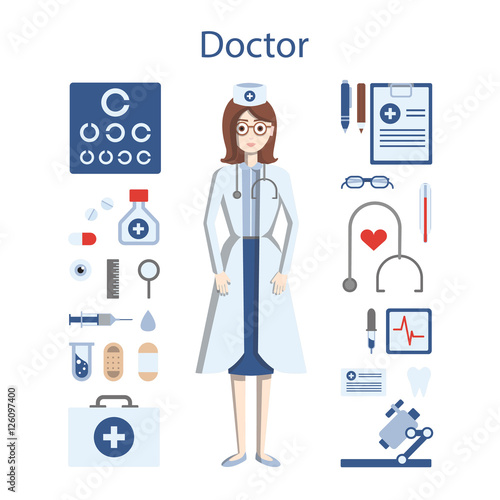 Isolated professional female doctor on white background. Doctor in whites with all the tools and equipment as stethoscope, medicine and more. © inspiring.team