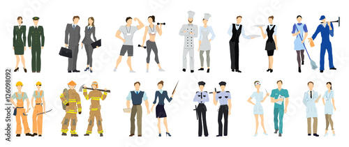 Different professions set. Isolated cartoon characters on white background. All kinds of professional activities as teacher, doctor, firefighter and more.