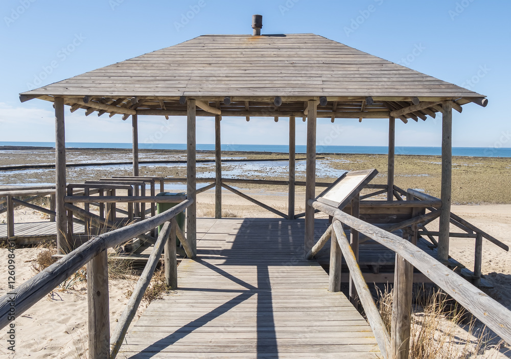 Punta Candor beach, Rota, Cadiz, Spain. Fishing weir, fish weir, Punta Candor beach, Rota, Cadiz, Spain. Fishing weir, fish weir,