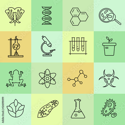 Set of modern linear icons with biology elements.