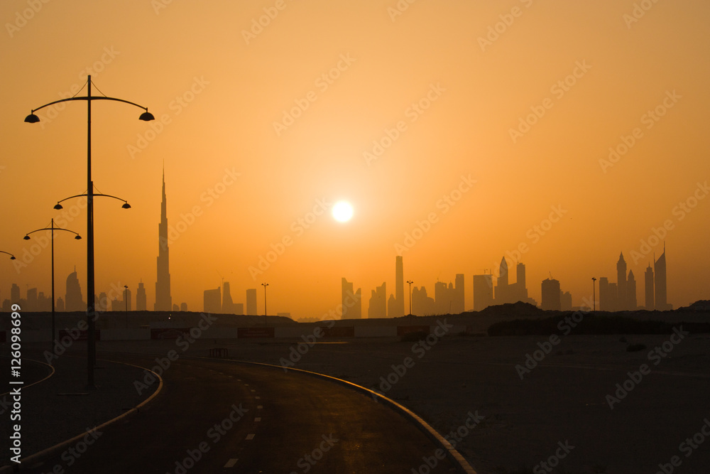Dubai DIFC skyline at sunset