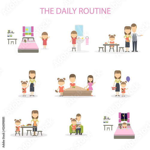 The daily routine of a girl. Set of domestic chores and activities. From morning till night.