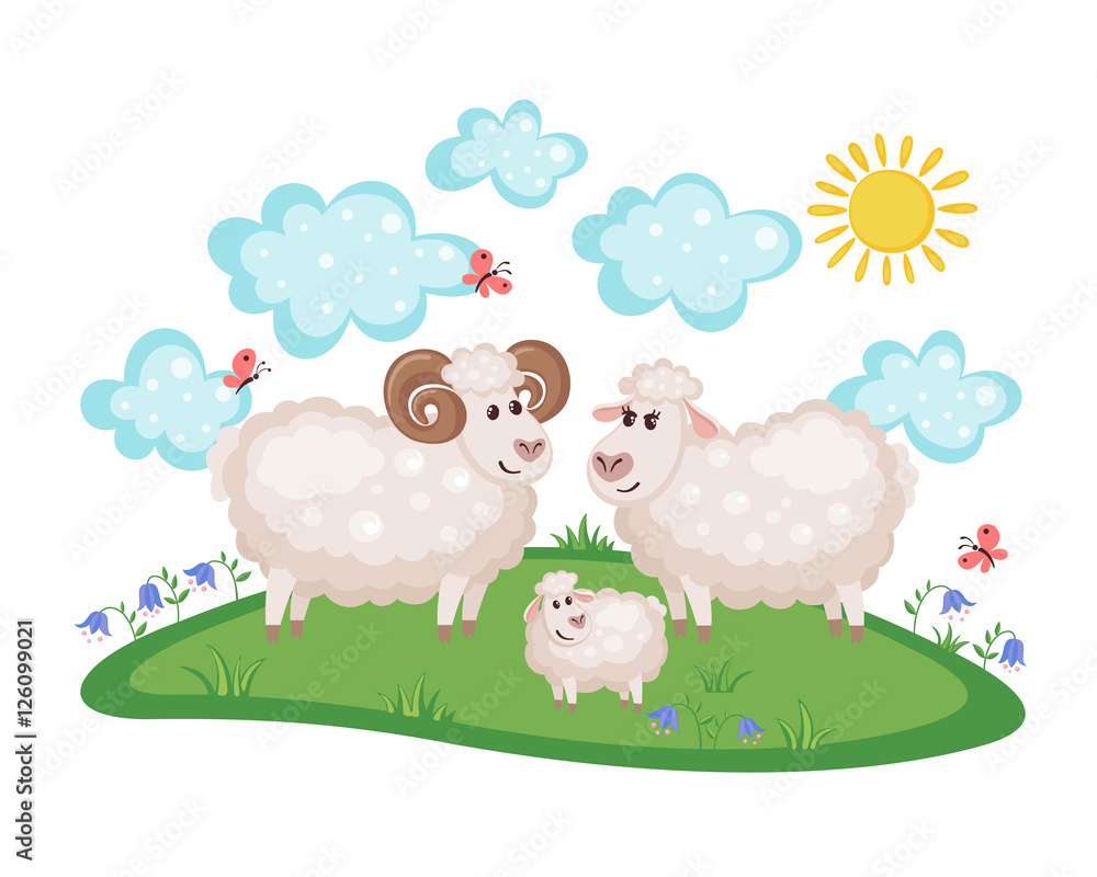 Obraz premium Happy sheep family. father, mother and baby.