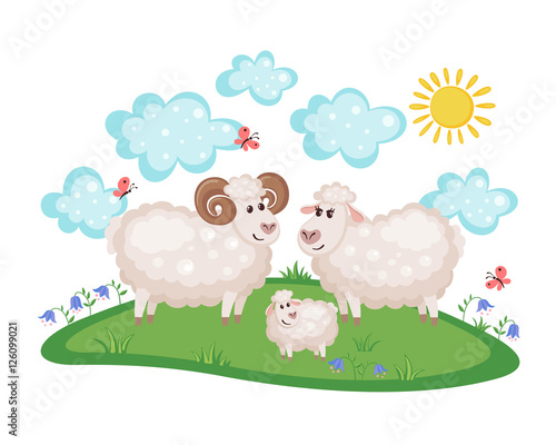 Happy sheep family. father, mother and baby.