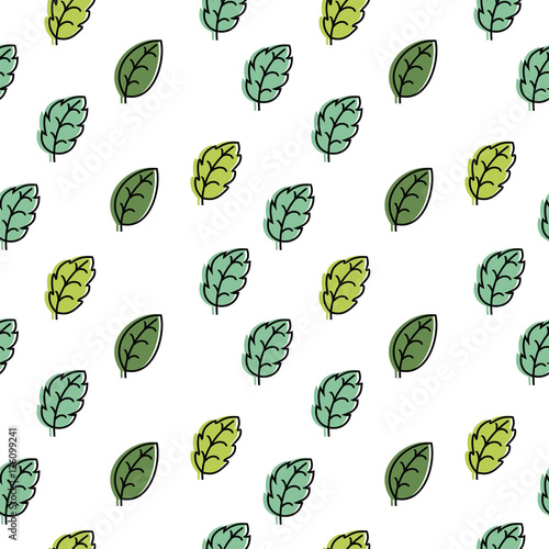 Seamless pattern with green leaves on a white background.