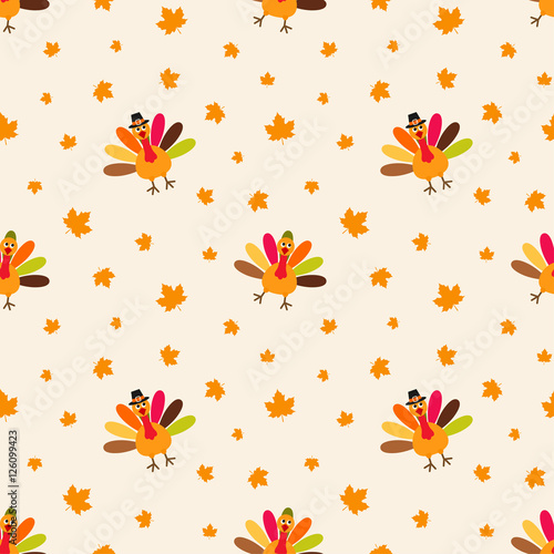Colorful pattern with cartoon turkey bird and maple leaves. Seam