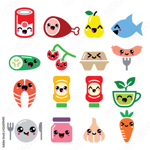 Kawaii cute food characters - meat, vegetables, fruit icons set
