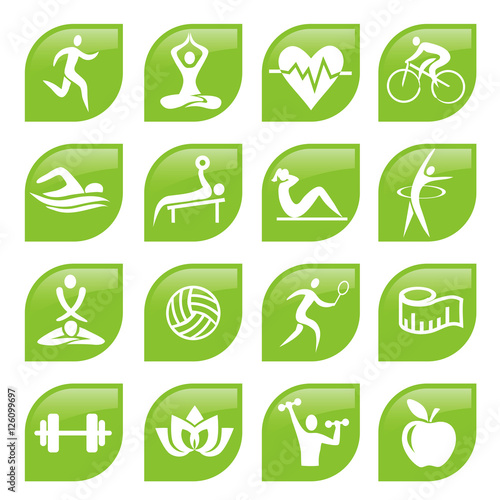 Green sport Fitness icons buttons. Set of green modern icons fitness and yoga activities. Vector available.