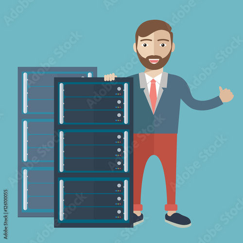 Data center concept with man showing thumb up