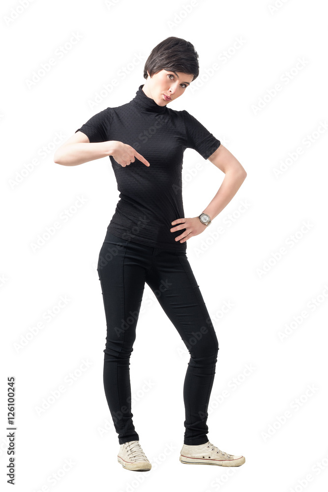 Waiting concept. Young unhappy woman pointing at wrist watch looking at camera. Full body length portrait isolated over white studio background. Waiting concept. Young unhappy woman pointing at wrist watch looking at camera. Full body length portrait isolated over white studio background.