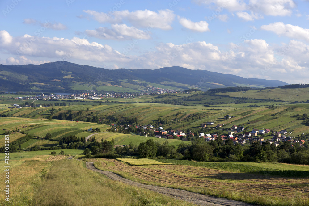 Clear green Landscape with little Village from the summer Mountains Magura in Slovakia