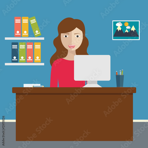 Workday and workplace concept. Vector illustration of a woman in the office