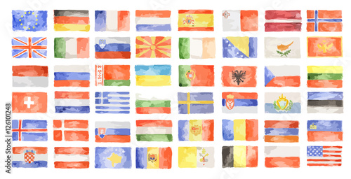 Watercolor world flags. All kinds of country symbols.