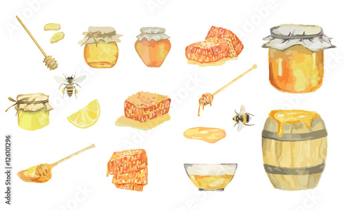 Watercolor honey set. Isolated items on white background. Bee, honey jar, barrel and more.