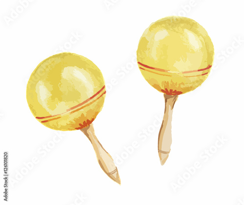 Isolated watercolor golden maracas on white background..