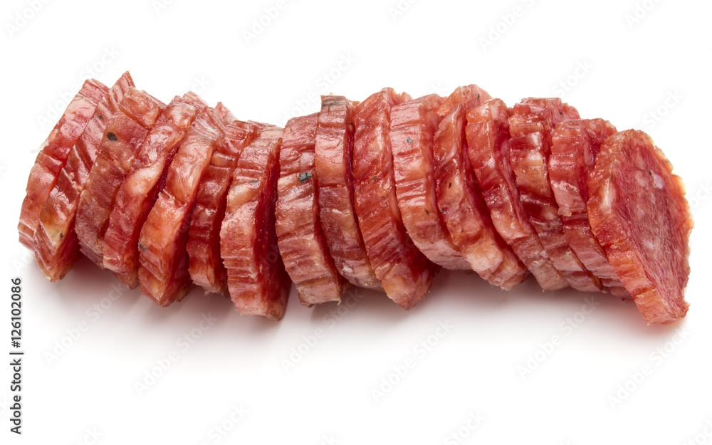 Salami smoked sausage slices isolated on white background cutout Salami smoked sausage slices isolated on white background cutout