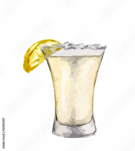 Watercolor tequila shot. Isolated drink on white background.