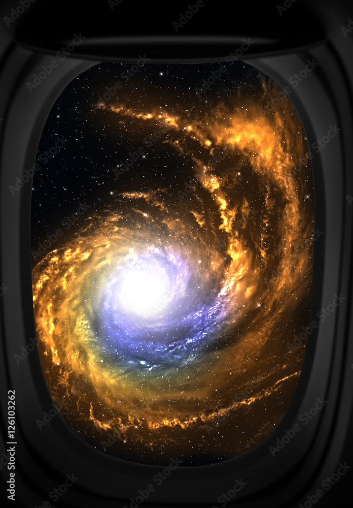 Window view of space with galaxy and stars.